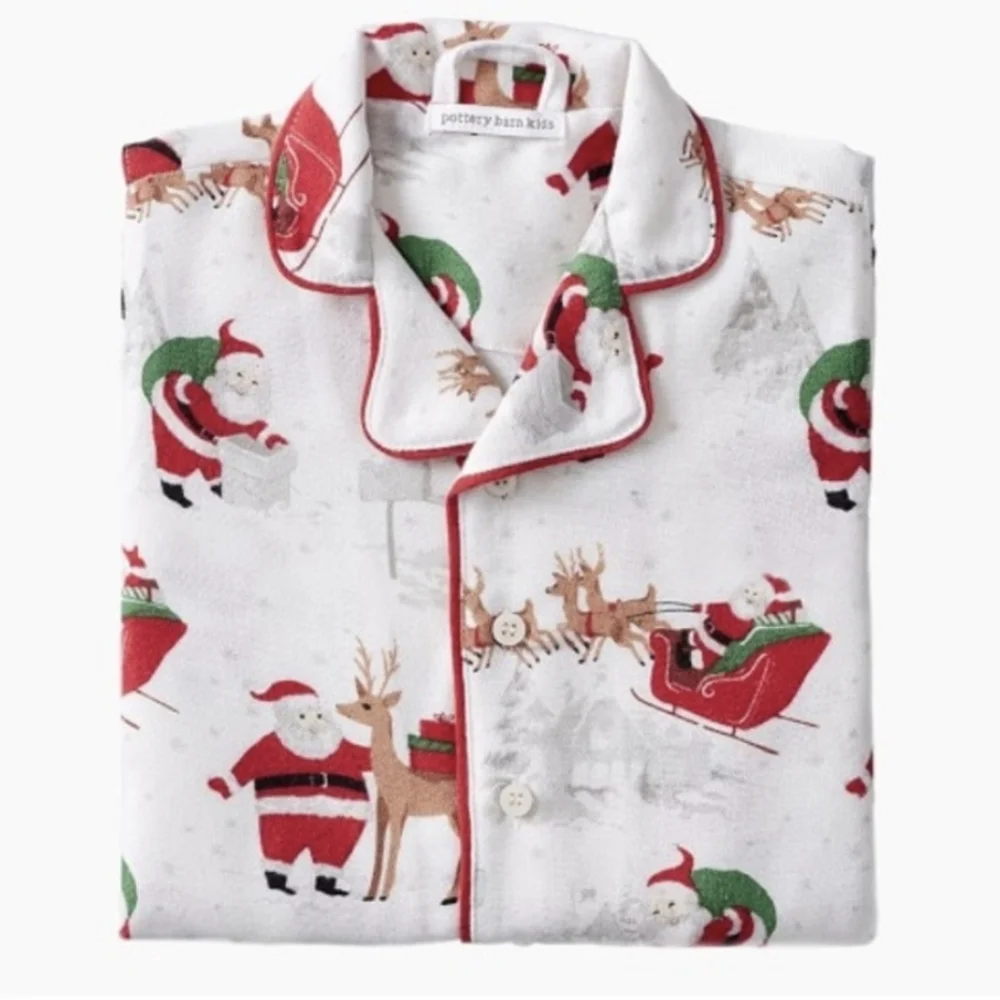 POTTERY PARN KIDS heritage Santa Flannel Pajama Top Christmas Button Sleep Shirt